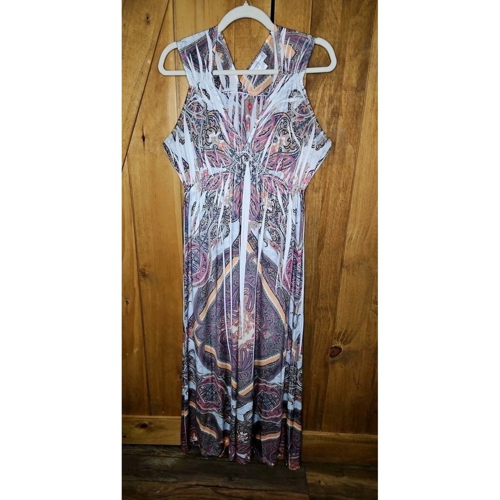 Artsy‎ Sleeveless Empire Waist Maxi Dress Sz M Boho Chic Jewel Tone Print #617